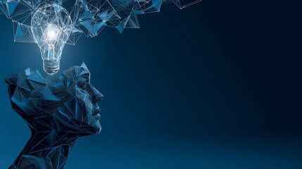 Poster - Abstract Head and lightbulb from lines and triangles, point connecting network on blue background. Illustration vector