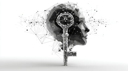 Poster - Key and human head form lines, triangles and particle style design. Illustration vector