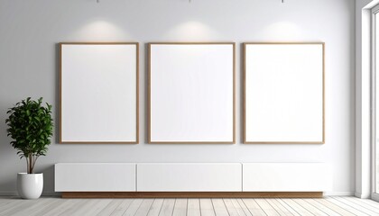 Poster - Minimalist interior design with three blank frames on a white wall, wooden floor, and a modern white cabinet, perfect for showcasing art.