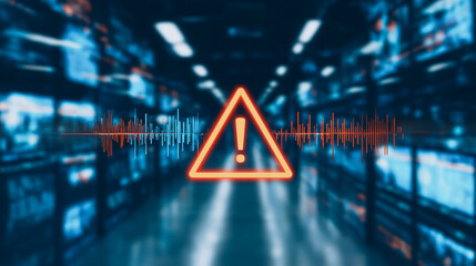 Poster - Cybersecurity Warning: An ominous warning symbol, a stark red triangle with an exclamation point, stands out against a backdrop of a blurred,  futuristic server room.