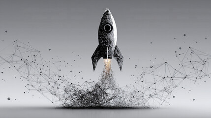 Poster - Low polygonal wireframe style Rocket launch. Business startup concept form lines, triangles, and particle-style designs. Illustration vector