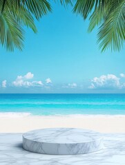 Wall Mural - Marble Platform Beach Scene - White marble podium on sandy beach with ocean view, palm leaves frame scene. Ideal for product display or summer themed designs