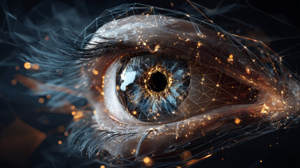 Poster - Abstract digital human eye. Cyber security technology. Low polygons, triangles, wireframes, and particle style