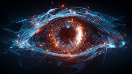 Poster - Abstract digital human eye. Cyber security technology. Low polygons, triangles, wireframes, and particle style