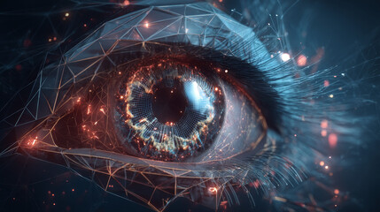 Poster - Abstract digital human eye. Cyber security technology. Low polygons, triangles, wireframes, and particle style