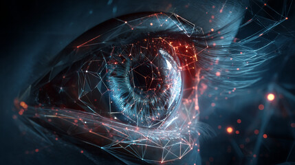 Poster - Abstract digital human eye. Cyber security technology. Low polygons, triangles, wireframes, and particle style