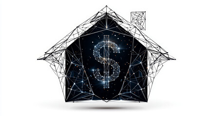 Poster - House with dollar sign icon from lines, triangles and particle style design. Illustration vector