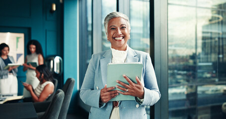 Aufkleber - Office, mature and businesswoman with tablet in portrait, news story and notification for blog post. Newsroom, female person and editor with technology for publication, article website and happiness