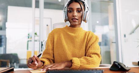 Poster - Woman, headset and writing at office with consulting, notes or portrait for technical support at IT startup. Person, agent and voip headphones for virtual advisory services, pc or help desk in Mexico