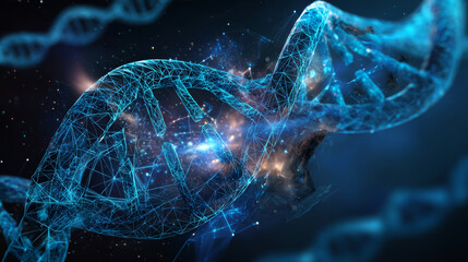 Poster - Wireframe DNA molecules structure mesh from a starry blue background. Science and Technology concept