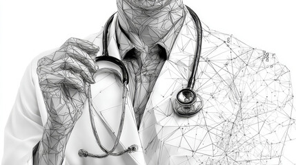 Poster - Close up of male doctor with stethoscope and uniform from lines, triangles and particle style design. Illustration vector