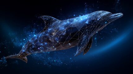 Poster - Wireframe dolphin mesh from a starry on blue background