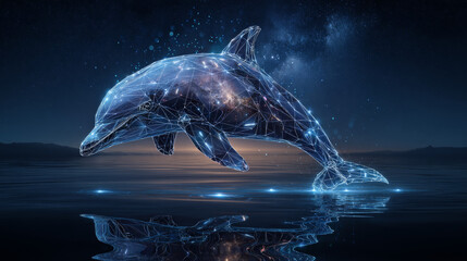 Poster - Wireframe dolphin mesh from a starry on blue background