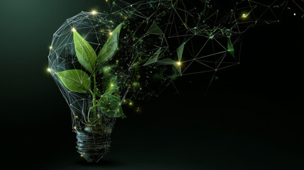 Poster - Light Bulb with green plant form lines, triangles and particle style design. Illustration vector