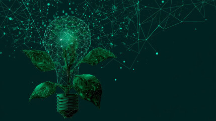 Poster - Light Bulb with green plant form lines, triangles and particle style design. Illustration vector