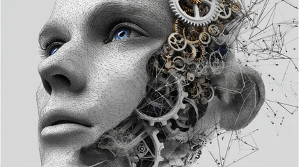 Poster - Human head with gears from lines, triangles and particle style design. Illustration vector