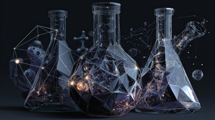 Poster - Laboratory flask form lines, triangles and particle style design. Illustration vector