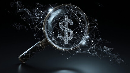 Poster - Magnifier with money icon form lines, triangles and particle style design. Illustration vector