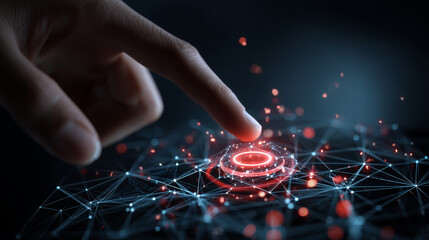Poster - Finger touching power button from lines, triangles and particle style design. Illustration vector
