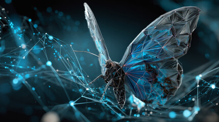 Fototapete - Future technology concept background. Abstract Internet background with connecting lines. The butterfly separates. 3D. Neural connections.