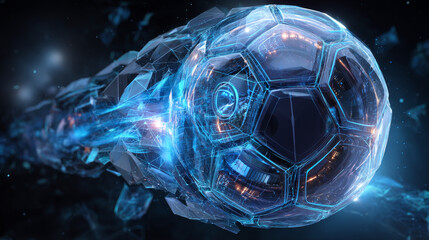 Poster - A glowing blue digital soccer ball in a futuristic low-poly style, symbolizing innovation in sports technology