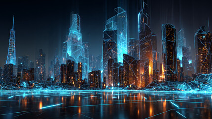Poster - A dark futuristic city with glowing blue geometric skyscrapers and neon accents, symbolizing advanced technology