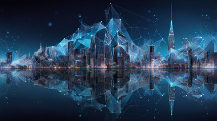 Poster - Smart, Futuristic city forms lines and triangles point connecting networks on blue background. Illustration vector