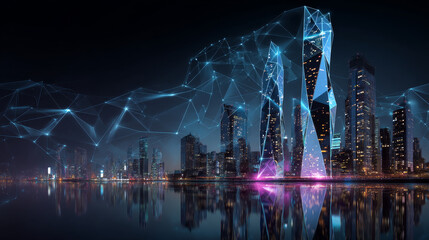 Poster - Modern city in hand. The futuristic city with skyscrapers. Social media communication. Wireframe, Low polygon, lines and point connecting design. Vector illustration