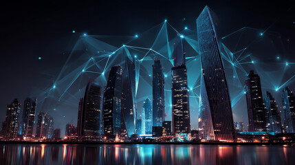 Poster - Modern city in hand. The futuristic city with skyscrapers. Social media communication. Wireframe, Low polygon, lines and point connecting design. Vector illustration