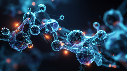 Poster - Abstract atom molecules design. Molecular structure. Nanotechnology. Science with Medical background. Low polygons, triangles, wireframes, and particle style. Vector illustration