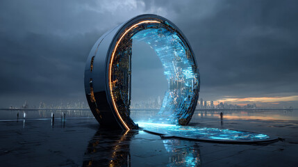 Poster - Science fiction door in parallel worlds. Door in tunnel with digital data center light signals. Future cyber gate in cyberspace or metaverse. Fantasy cyber portal or doorway in future virtual city.