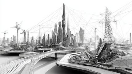 Poster - Futuristic city. Smart city. Environment and Ecology concept. Low poly, geometric, wire, Particles, lines, and triangles outline. Vector illustration