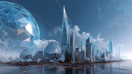 Poster - Futuristic city. Smart city. Environment and Ecology concept. Low poly, geometric, wire, Particles, lines, and triangles outline. Vector illustration