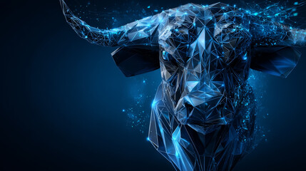 Poster - low polygon bull head wireframe mesh on blue background