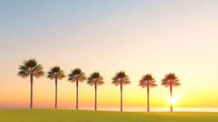 Wall Mural - Sunset Palm Trees Landscape - Seven palm trees silhouetted against a vibrant sunset over a tranquil ocean. Perfect for travel, vacation, or tropical themes