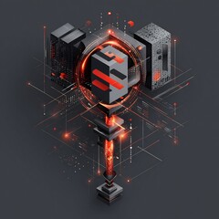 Poster - Isometric Data Processing Network Concept with Geometric Shapes and Red Highlights
