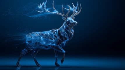 Poster - low polygon reindeer wireframe mesh on blue background