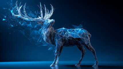 Poster - low polygon reindeer wireframe mesh on blue background
