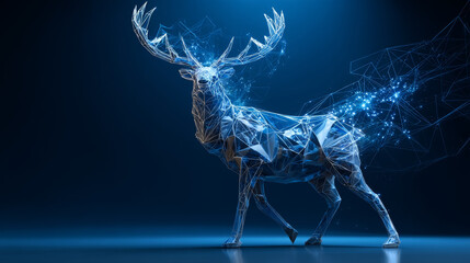 Poster - low polygon reindeer wireframe mesh on blue background