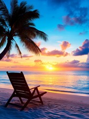 Wall Mural - Tropical Sunset Beach Chair - Serene sunset scene on a tropical beach with a lone chair, perfect for relaxation and vacation themes