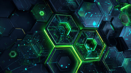 Fototapete - Abstract Futuristic technology banner. Green and blue hexagon banner. Vector
