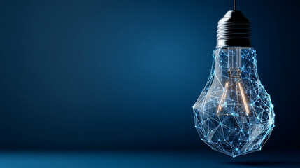Poster - low polygon light bulb wireframe mesh hanging on blue background