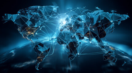 Poster - Abstract world map. Global business data connections. Telecommunication network map. lines and triangles, point connecting network on blue background. Illustration vector