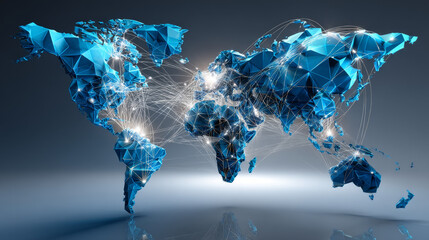 Poster - Abstract world map. Global business data connections. Telecommunication network map. lines and triangles, point connecting network on blue background. Illustration vector