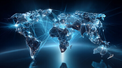 Poster - Abstract world map. Global business data connections. Telecommunication network map. lines and triangles, point connecting network on blue background. Illustration vector