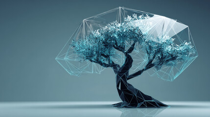 Fototapete - Tree with futuristic digital. Low poly model design. 3d Vector illustration