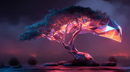 Fototapete - Tree with futuristic digital. Low poly model design. 3d Vector illustration