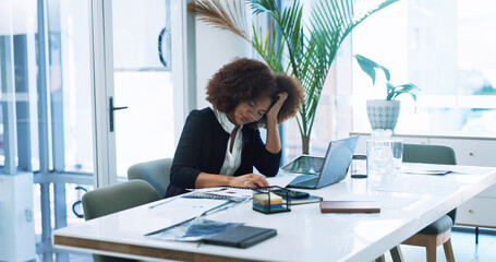 Poster - Financial, sleeping or tired businesswoman on laptop for accounting, deadline or finance project. Exhausted, burnout or overworked accountant in office for budget review with fatigue, nap or stress