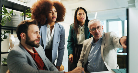 Poster - Business people, coach and pointing with team on computer for project management at office. Group, employees or colleagues with mentor, technology or app for staff training or teaching at workplace