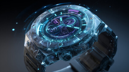 Poster - Technology Futuristic Concept of Smart Watch. Composite of  Hologram Watch Futuristic Glowing with Technology Icons